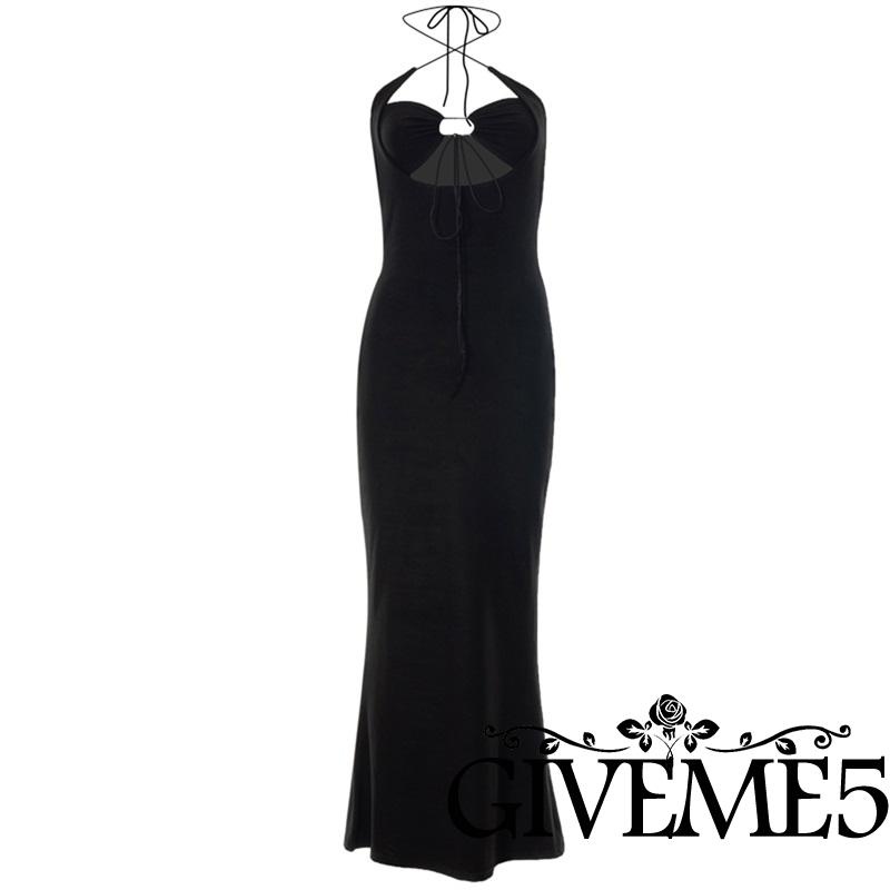 Đầm Dài Hai Dây Ôm Dáng Màu Đen Trơn Không Tay Thắt Nơ Dành Cho Nữ