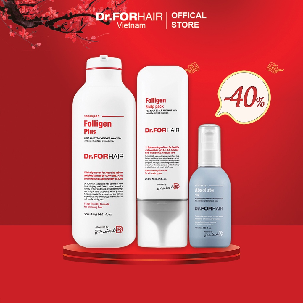 Bộ sản phẩm chăm sóc tóc MƯỢT MÀ, ÓNG Ả của Dr.FORHAIR Follien Plus x Scalp Pack x Oil Essence