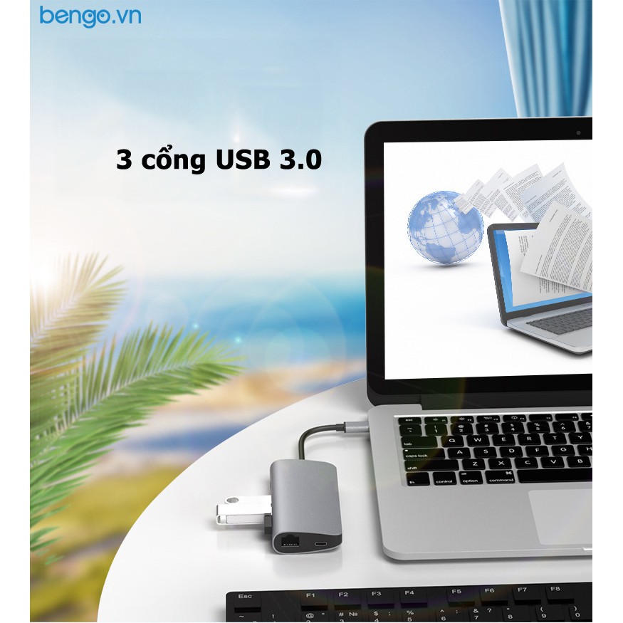 Hub USB-C 8 in 1 HDMI+LAN+USB-A 3.0 x 3+PD+thẻ SD và TF