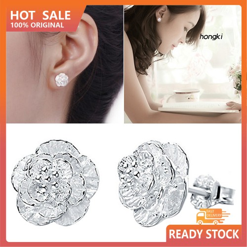 Khuyên tai mạ bạc phối hình hoa hồng lãng mạn thời trang