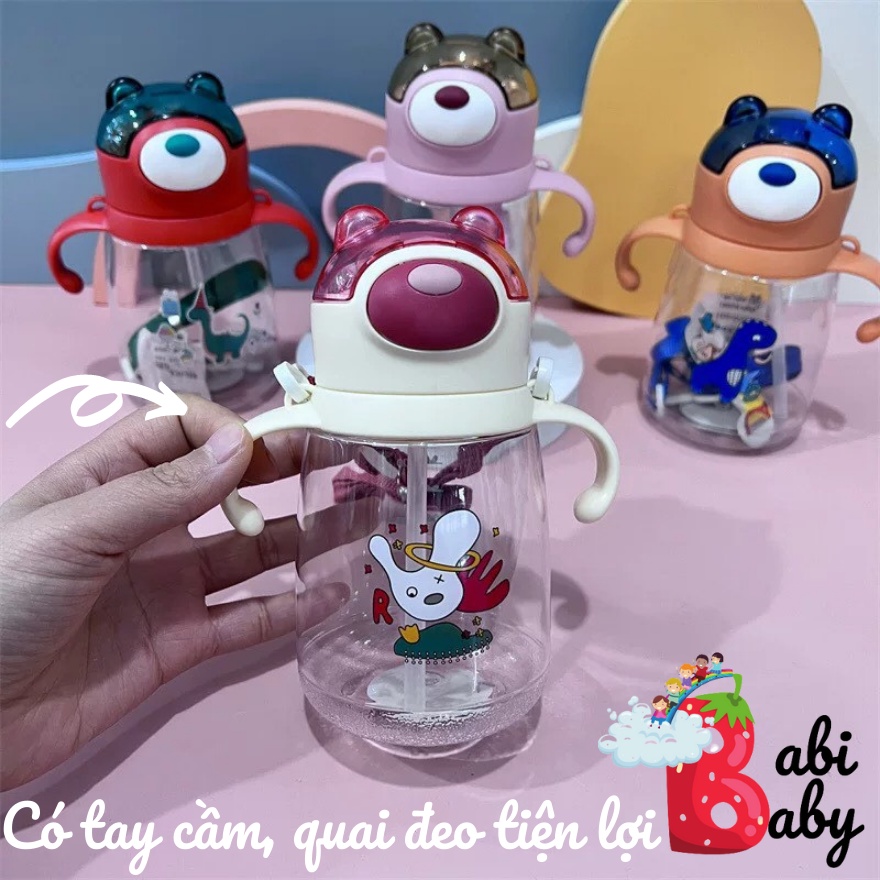 Bình nước học sinh 450ml chịu nhiệt có tay cầm dây đeo tiện dụng an toàn cho bé đi học nhiều hình đáng yêu