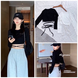 Áo thun croptop đan dây eo hông tay dài đen và trắng