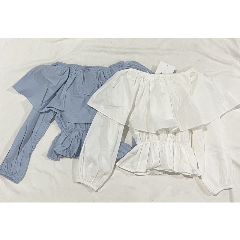 Áo sơ mi bèo trễ vai chun eo siêu xinh bánh bèo 2 màu trắng xanh