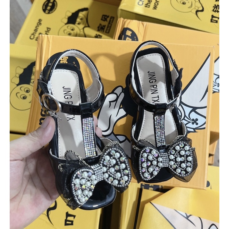 Sandal đính nơ gắn cườm cho bé gái - dép quai hậu của bé đi học đế dẻo có gót êm chân chắc chắn sang chảnh(sz27-s37)8103
