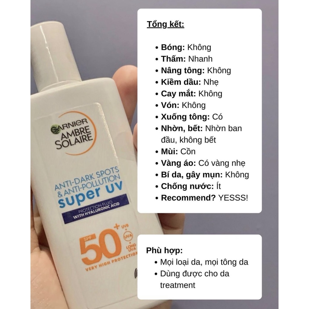 Kem Chống Nắng Garnier Ambre Soilaire chứa HA Anti Dark Spot& Anti Pollution SPF50+ 40ml