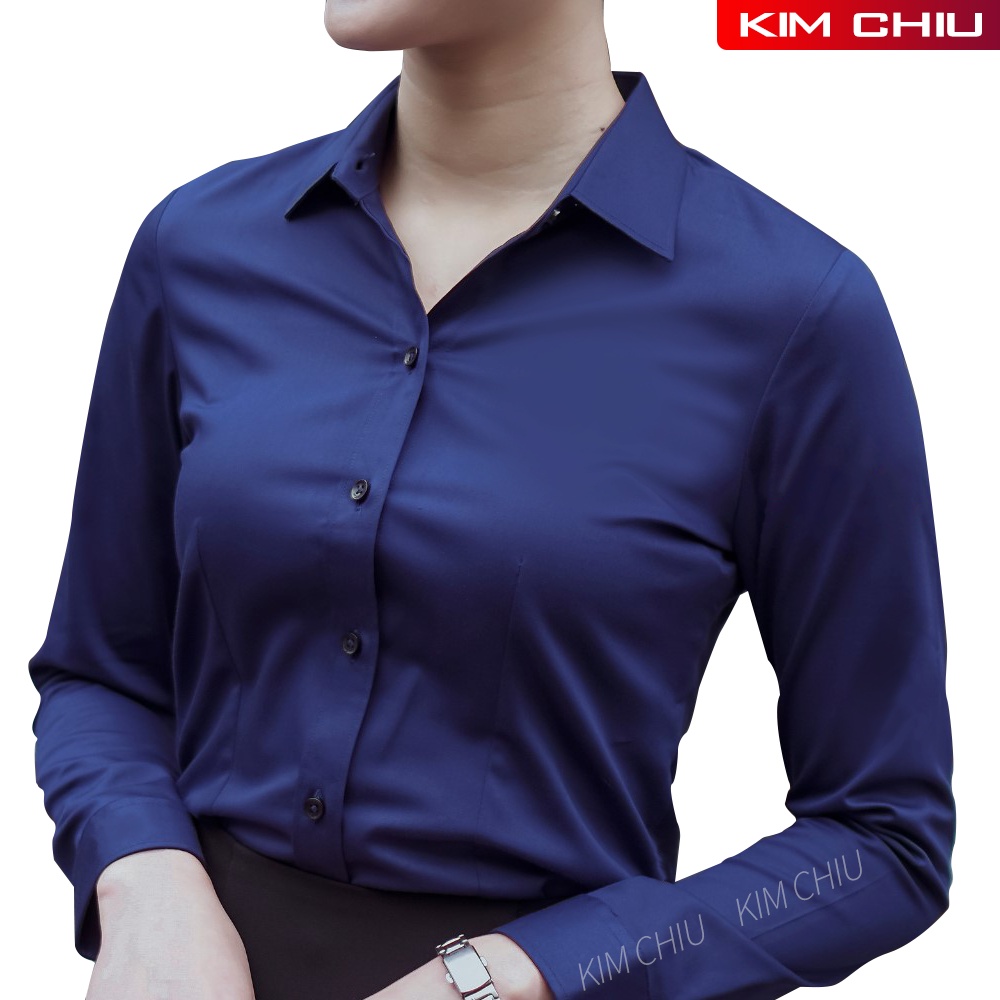 Áo Sơ Mi Nữ Công Sở Kim Chiu Cao Cấp, Form Mai An, Màu Xanh Đen Tay Dài Vải Kate Ý Đẹp Ít Nhăn Giãn Nhẹ. SMTD01