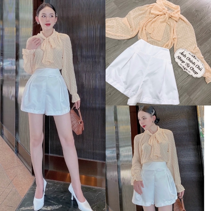 Set áo sơmi voan chấm bi kèm quần short ngắn tafta trắng, bộ thời trang hot girl đi chơi dạo phố nhẹ nhàng hình thật