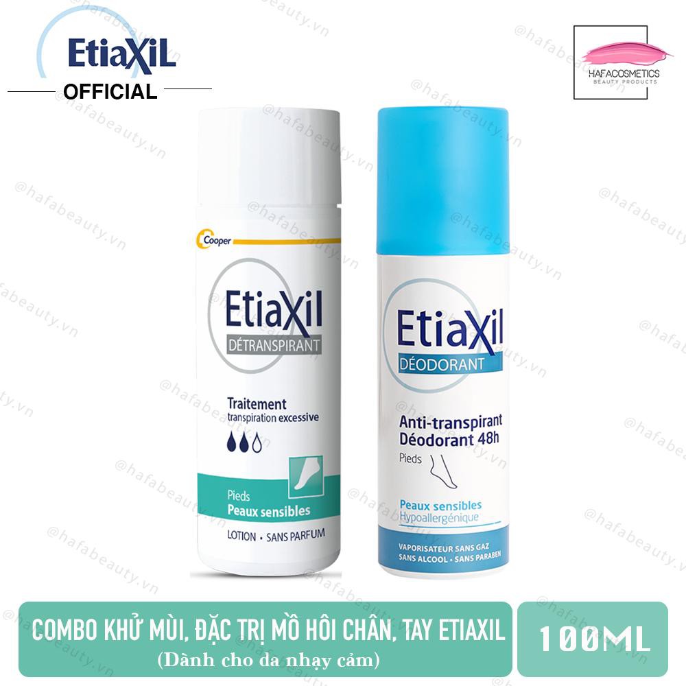 Combo Khử Mùi, Ngăn Ngừa Mồ Hôi Tay, Chân Cho Da Nhạy Cảm Etiaxil 100ml (Lotion 100ml+ Xịt khử mùi hôi chân 100ml)