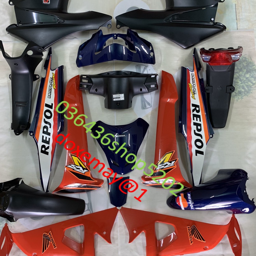 Bộ dàn áo xe wave RS -wave REPSOL MÀU xanh cam -wave S -wave 100 và 50cc -đời 2006 đến 2016