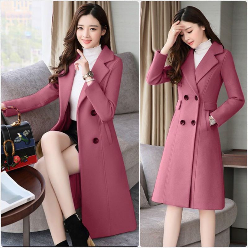 Hàng nhập - Áo khoác nữ dạ len 4 nút màu hồng phớt, áo dạ nữ form dài thời trang thu đông