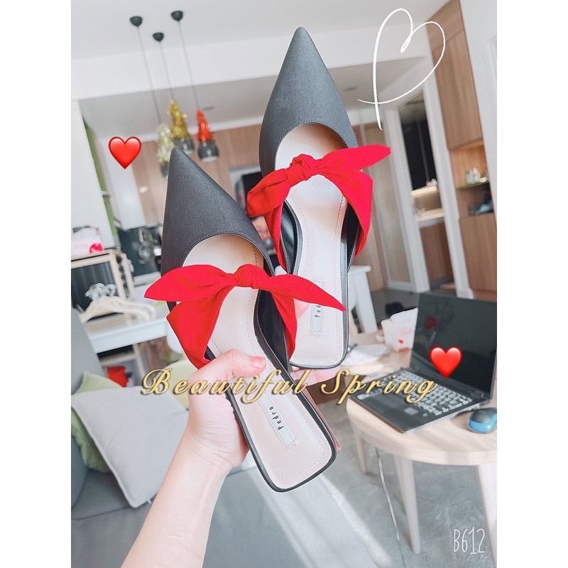Giày cao gót Pedro, giày sục pedro quai ngang vải đỏ chất Satin, đế vuông trụ vững chắc chắn,size 36