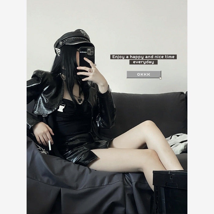 Set Áo Khoác Da Cá Sấu + Chân Váy Dài Lưng Cao Thời Trang Đường Phố Cho Nữ