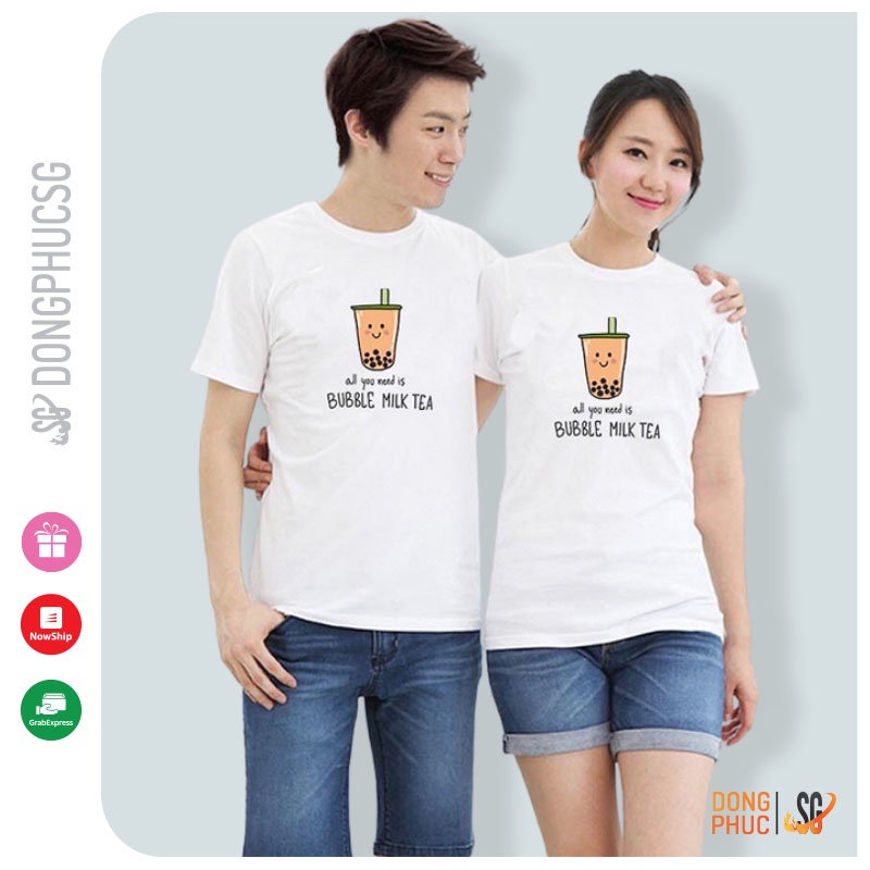 Áo thun cặp đôi mẫu Trà Sữa thun cotton mềm mịn cổ tròn tay ngắn form unisex màu trắng AC108T | SG