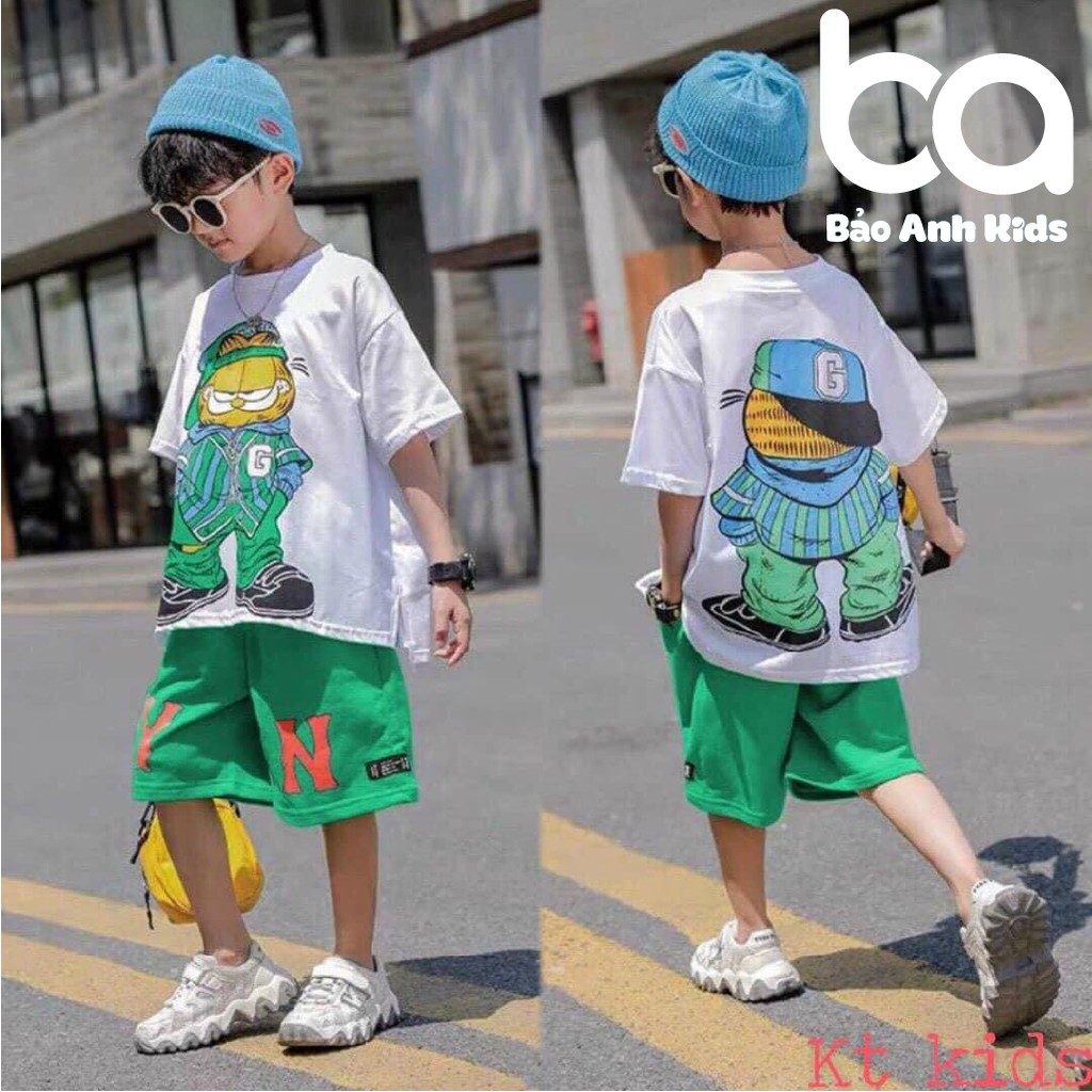 Bộ Cộc Tay Cho Bé  Trai YN In Hình Mèo Garfield Phối Màu Trơn Chất Cotton Mềm Min, Bộ Mặc Nhà Cho Bé - GARFIELD