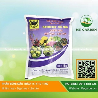 Phân bón đầu trâu npk 15-7-17+te, nhiều hoa, đẹp hoa, lâu tàn, dạng viên, gói 1kg, cho cây trồng - hàng chính hãng