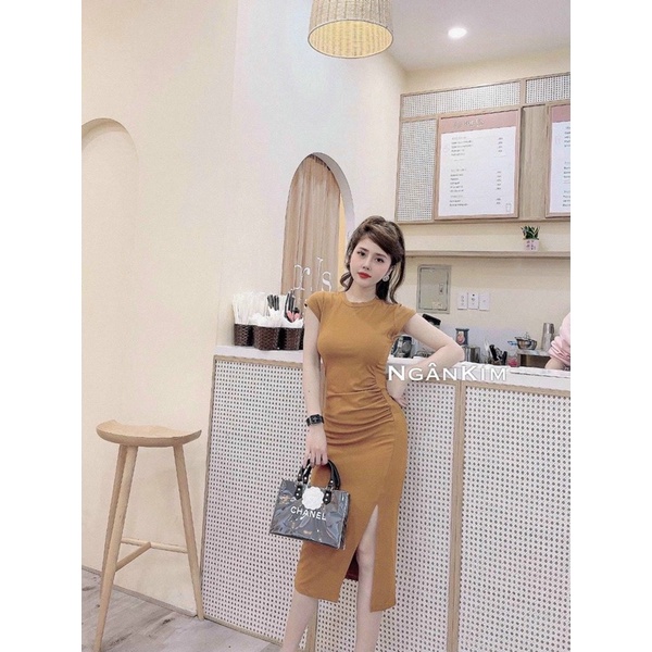 Váy body thun vai hến xẻ đùi, Đầm dáng ôm ngắn tay VS1765 - NhiNhi Shop | BigBuy360 - bigbuy360.vn