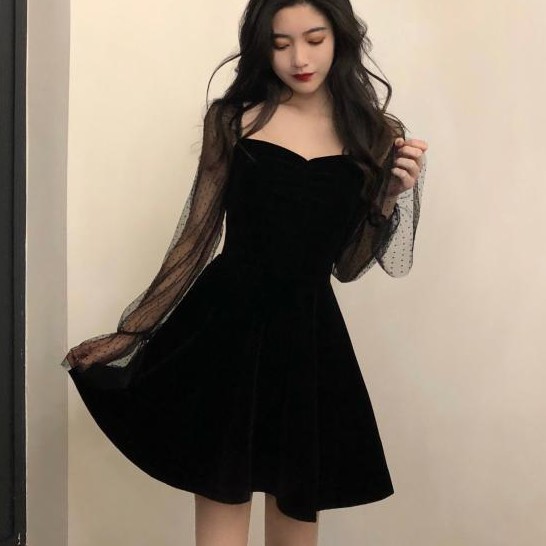 Korean style square neck long sleeve A-line dress for women