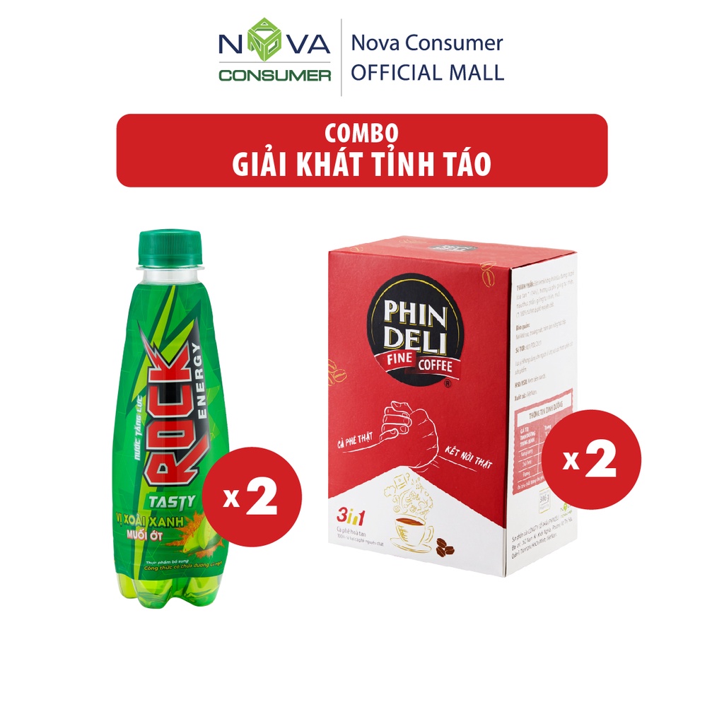 Combo Giải Khát Tỉnh Táo (Cà Phê Hòa Tan PhinDeli 3in1, Nước tăng lực Rock Energy Tasty)