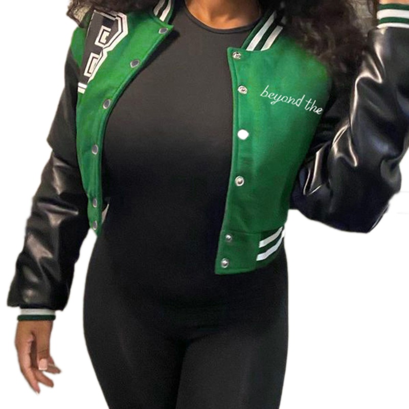 YOUYO Áo khoác bóng chày giả da tay dài dáng ngắn cài nút in chữ phối màu phong cách Harajuku cổ điển cho nữ | BigBuy360 - bigbuy360.vn