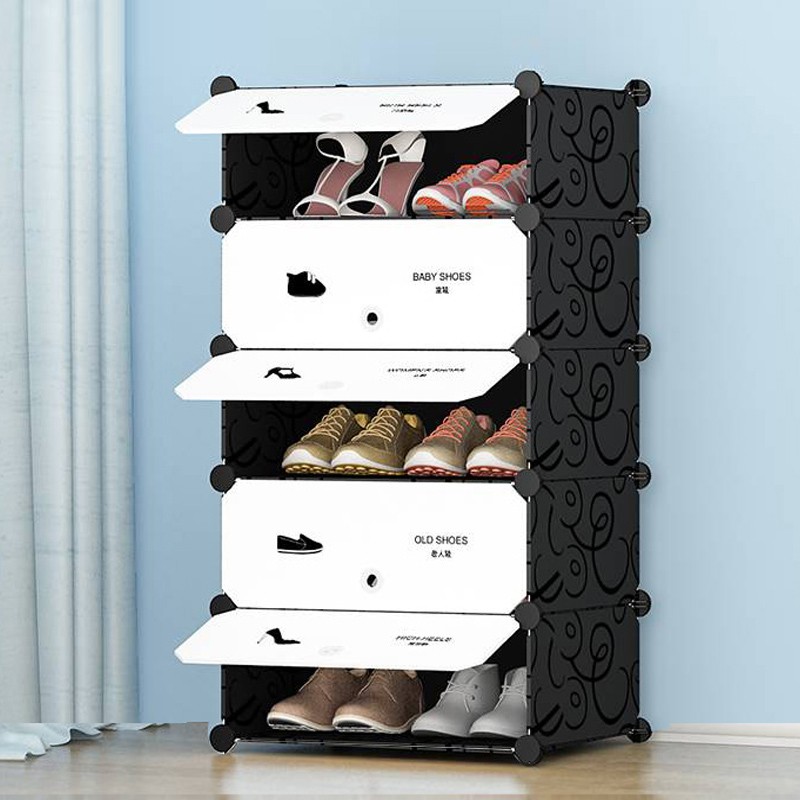Tủ giầy nhựa lắp ghép 5 ô, 5 tầng có cửa, như hình, để được 10 đôi giày (màu: Đen vân, Vàng trơn, Xanh dương Hồng phấn)