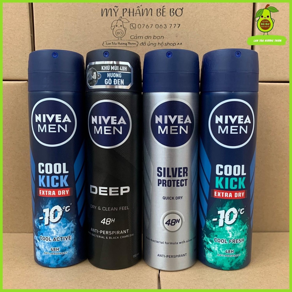 Xịt khử mùi Nivea 150ml - Xịt ngăn mùi mồ hôi Nivea phân tử bạc thơm lâu không vàng áo