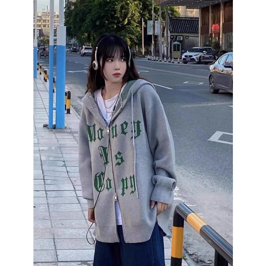 Áo Khoác Cardigan Dệt Kim Tay Dài Có Khóa Kéo Đôi Phong Cách Preppy Cho Nữ