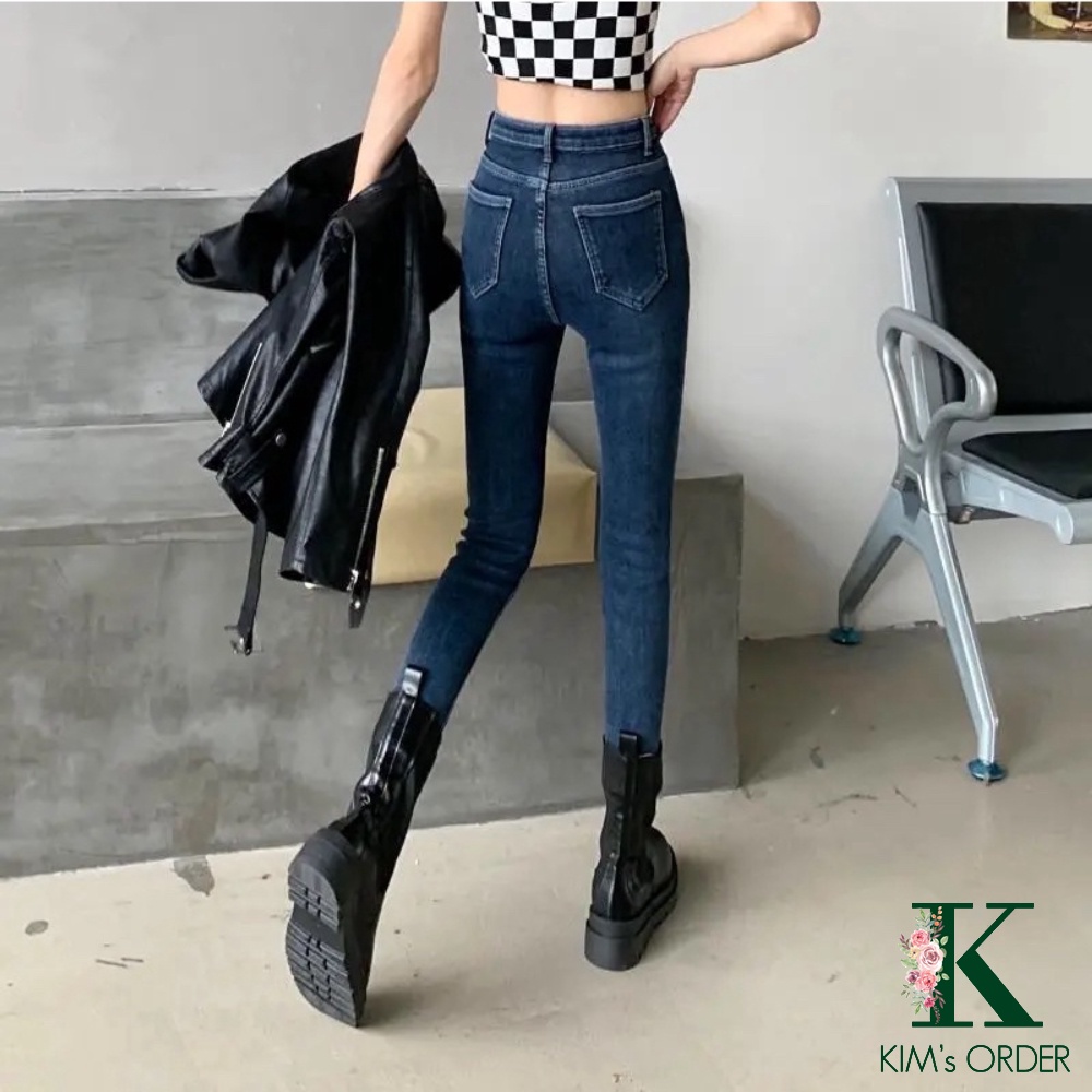 Quần jean nữ màu xanh đen skinny ống côn dài cạp lưng cao tôn dáng chất co dãn loại 1 style Hàn Quốc cá tính sành điệu
