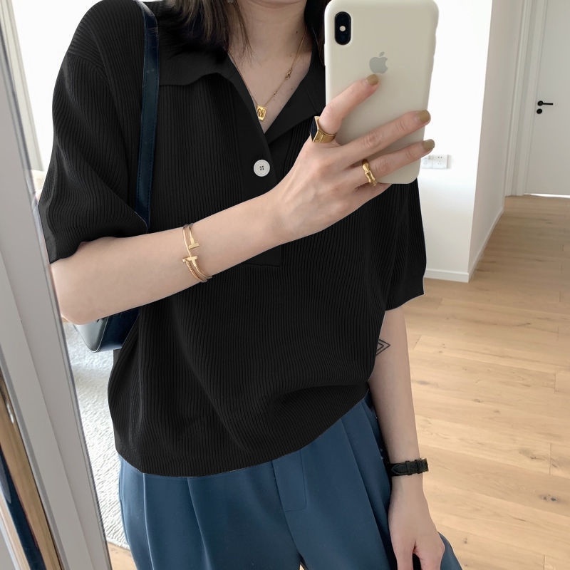 Áo Thun polo Ngắn Tay Vải Lụa Lạnh Mỏng Dáng Rộng Phong Cách Hàn Quốc Thời Trang Mới 2022