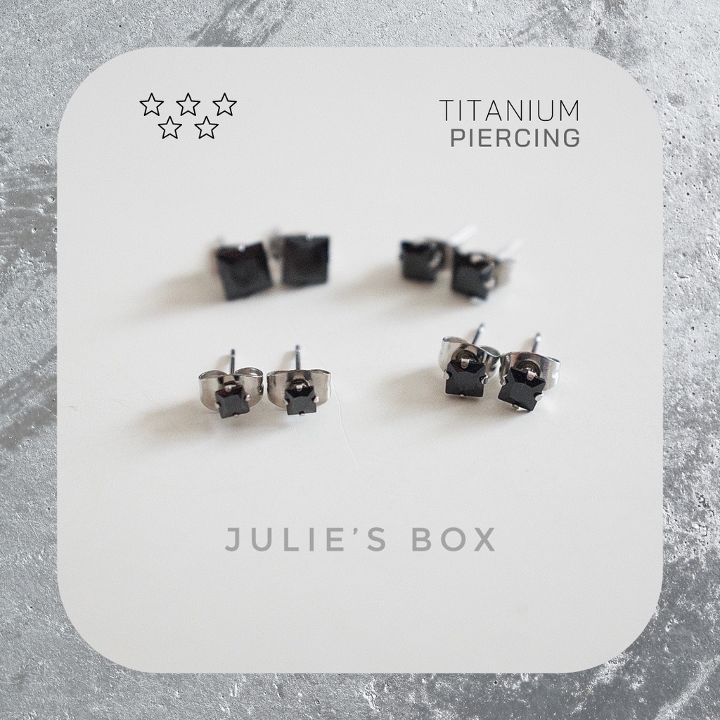 [1 CẶP] Bông Tai Inox Màu Bạc Unisex Đính Đá Vuông Đen Đuôi Gài Không Gỉ Sét Không Ngứa Bông Tai Julies Box 66