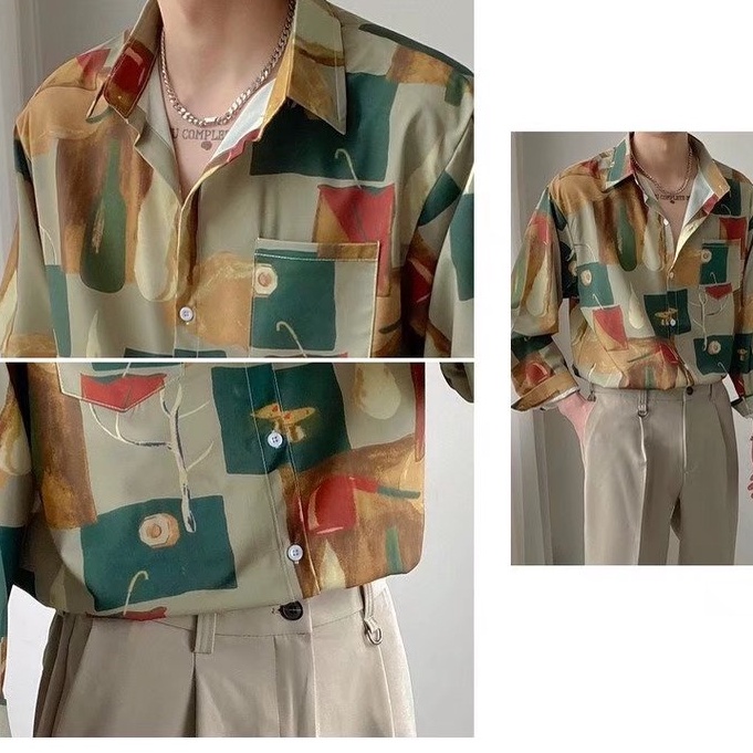 Áo Sơ Mi Tay Dài Họa Tiết Vintage Thời Trang Cho Nam Unisex áo nam đẹp Fashion áo sơ mi nam form rộng Simple  áo sơ mi nam hàn quốc
