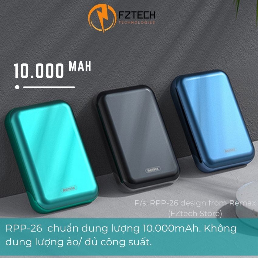 Sạc dự phòng 10000mah Remax RPP-26 FZTECH Pin dự phòng chính hãng Sạc nhanh 2.1A Màn hình LED hiển thị dung lượng pin