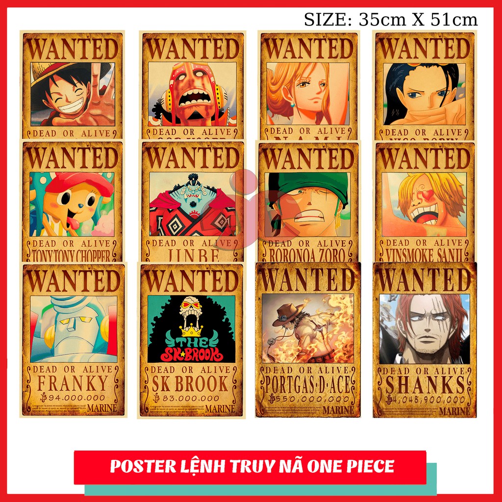 Bộ 10  Poster lệnh truy nã ONE PIECE (TỈ LỆ 1:1) - Mua 10 tặng 1 Poster nhân vật  ACE