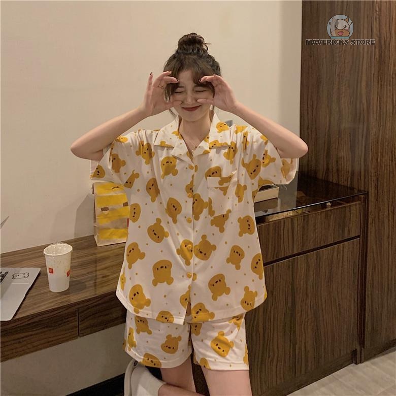 Bộ đồ ngủ ngắn tay in họa tiết gấu màu vàng kiểu Hàn Quốc mùa hè thoải mái đáng yêu dành cho nữ
