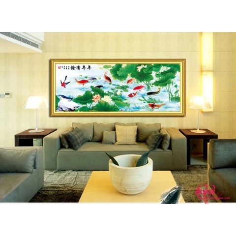 Tranh thêu chữ thập cá chép hoa sen 138*72cm