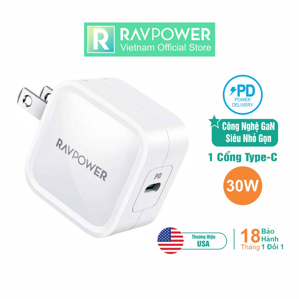 Củ Sạc 30W RAVPower RP-PC120 USB Type C PD 3.0 &amp; QC 3.0, GaN Nhỏ Gọn, Sạc Nhanh iPhone, Smartphone, iPad