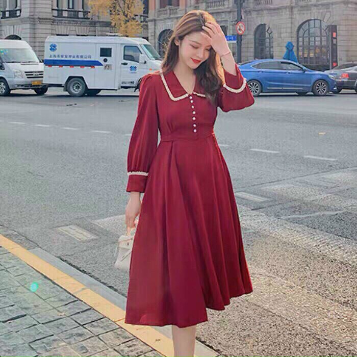 [8.8 Sales Freeship] Đầm nữ dài tiểu thư phong cách vintage, đầm tay dài phối nút cổ bèo ren thanh lịch, sang trọng