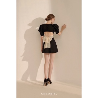 Váy đầm hở lưng nơ oganza kem bow back dress - chloris studio chính hãng