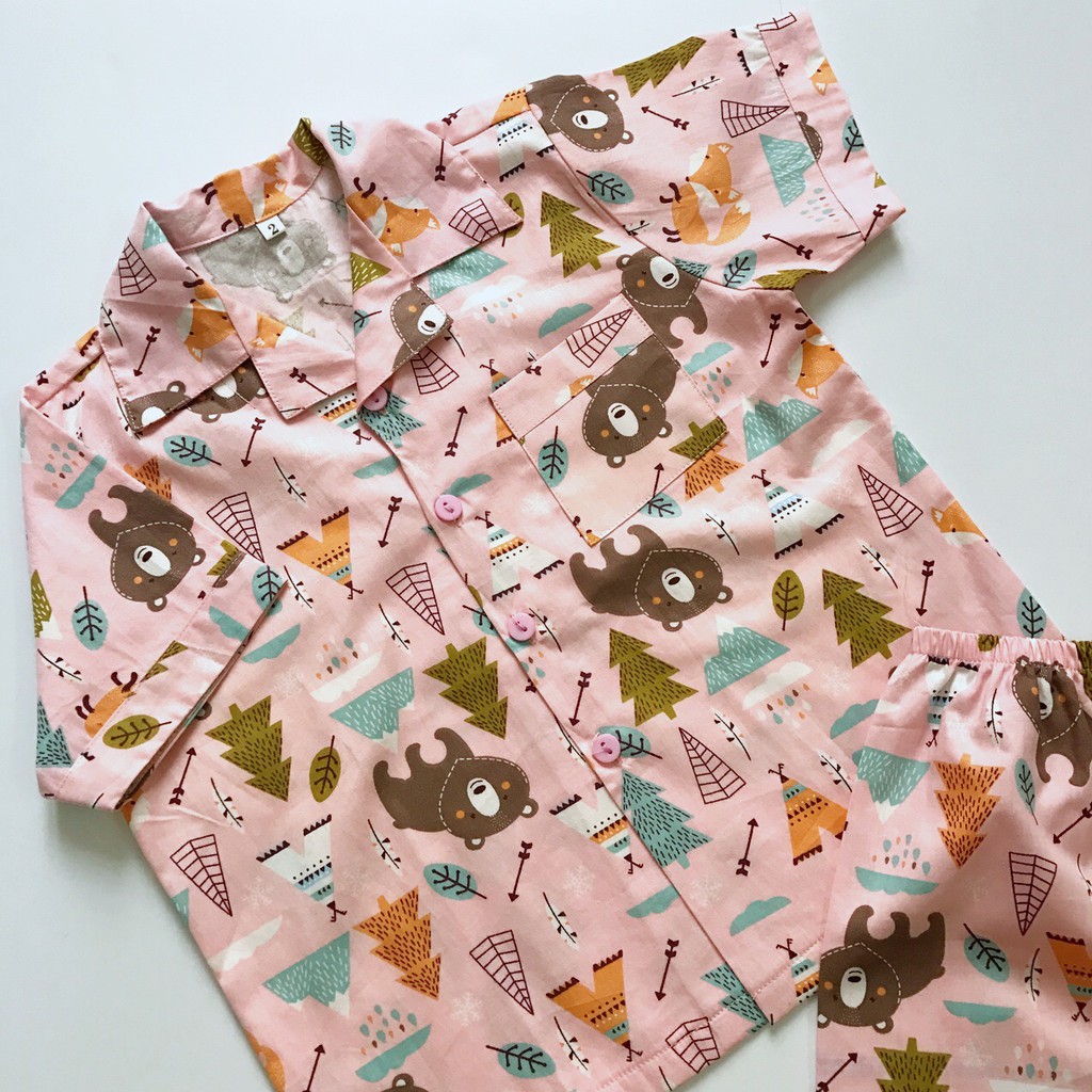 Pijama cho bé Thô cotton mềm mịn hút mồ hôi - Gấu và cáo hồng 10-40kg