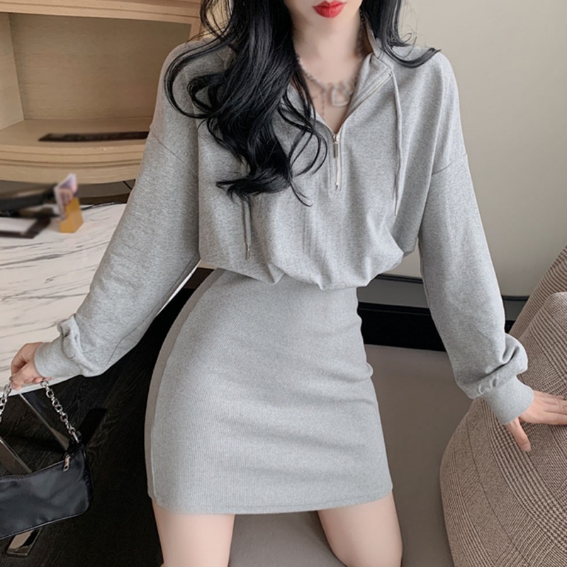 Đầm Hoodie Tay Dài Màu Sắc Đơn Giản Phong Cách Hàn Quốc