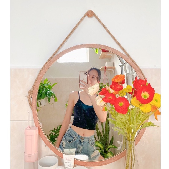 Gương Treo Tường Khung Viền Gỗ Trang Trí Nhà Tắm , Phòng Ngủ ,  Spa , Nail Đường Kính 55 - 60 cm
