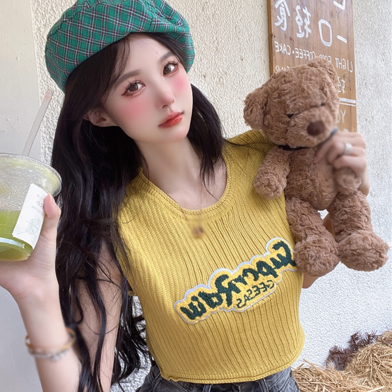 Áo Croptop Dệt Kim Sát Nách Dáng Rộng Thêu Chữ Kiểu Vintage Hàn Quốc Thời Trang Mùa Hè