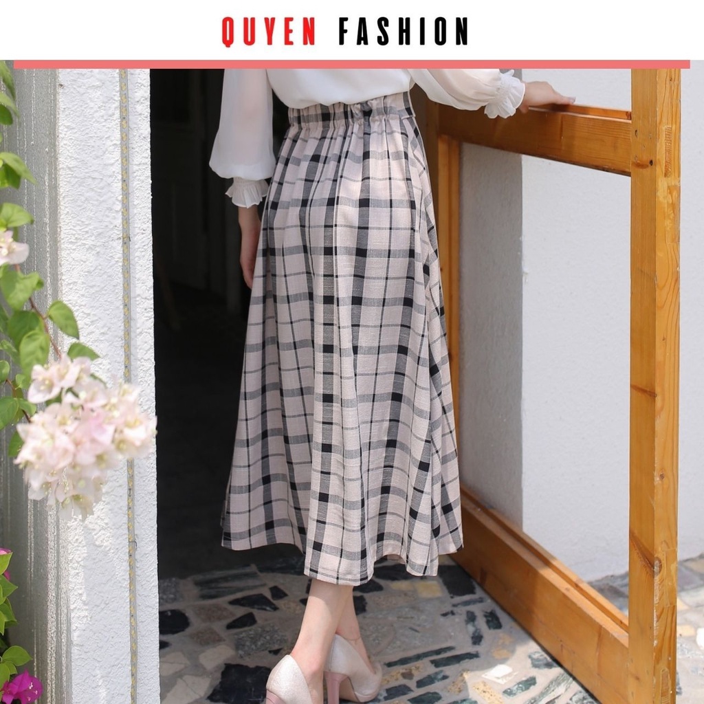 Chân váy midy kẻ thắt nơ, chun sau cạp liền, thời trang công sở nữ Quyên Fashion