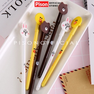 Bút bi nước mực gel hình line gấu thỏ vịt dẹt pison, mực đen ngòi kim 0.38mm - sp0827 - 1 cái