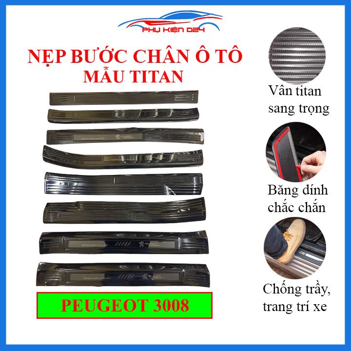 Bộ ốp bậc cửa trong ngoài nẹp bước chân Peugeot 3008 vân Titan chống trầy trang trí xe