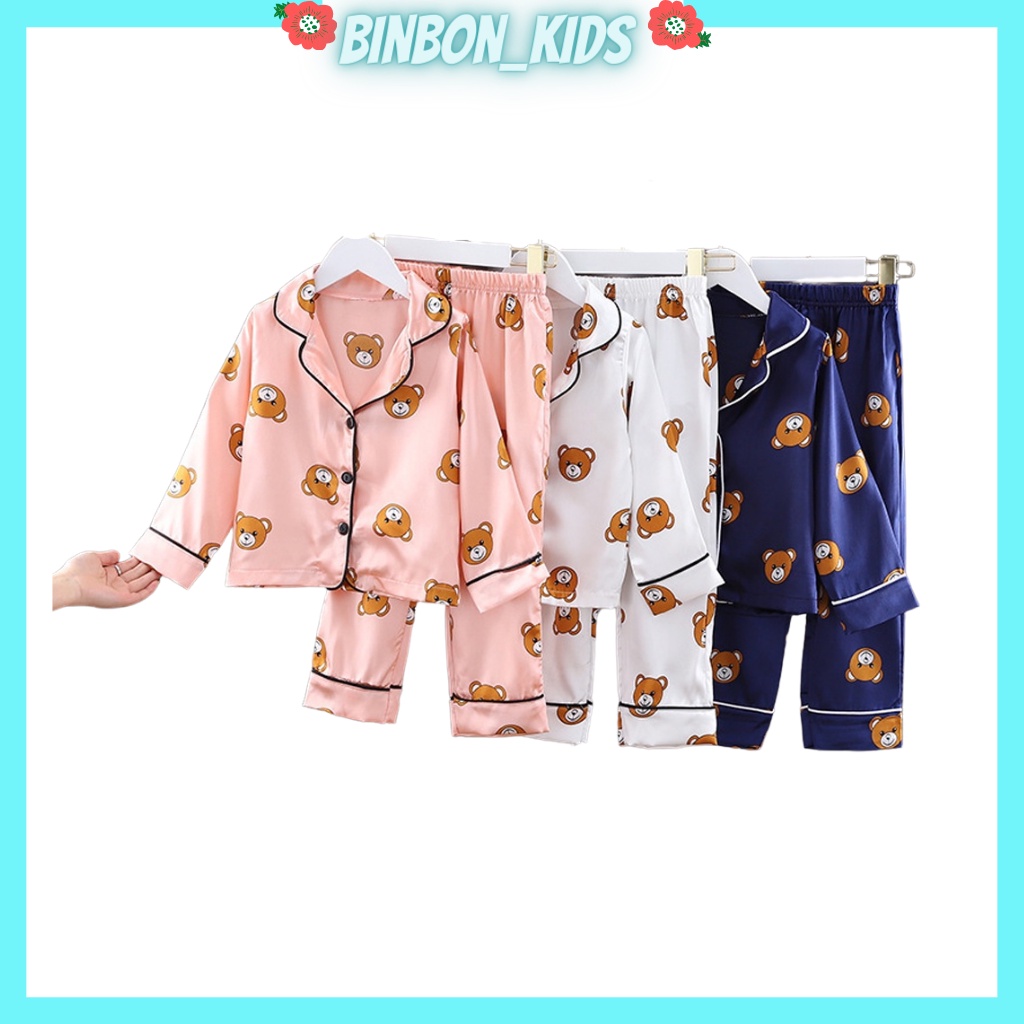 Bộ Pijama lụa dài hình gấu Hàng Cao Cấp Cực Xinh Cho Bé TRANG STORE, Bộ Đồ Ngủ thu đông  Cho Bé Trai Bé Gái Từ 6-28kg