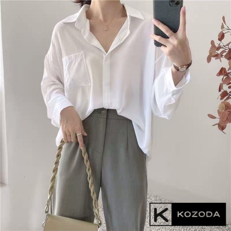 Áo Sơ Mi Kiểu Nữ Màu Trắng Chất Thô Hàn Đẹp Dài Tay Túi Trước Phong Cách Hàn Quốc Cao Cấp 02