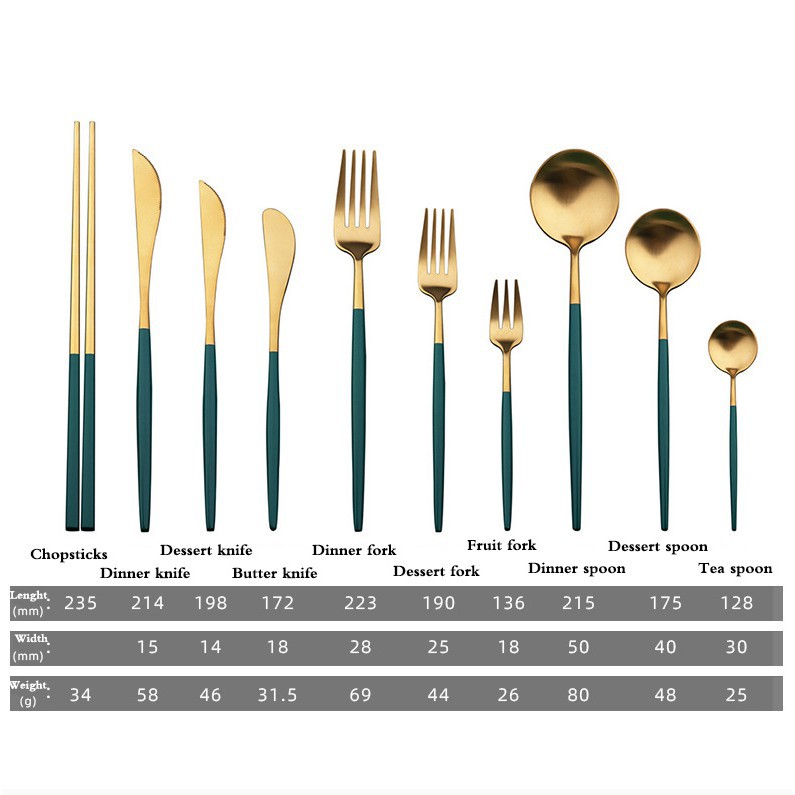 High Quality Tableware Portugal Cutlery Set Black Green Flatware Set Stainless Steel Matte Cutlery Gold Spoon Chopsticks Fork And Knife