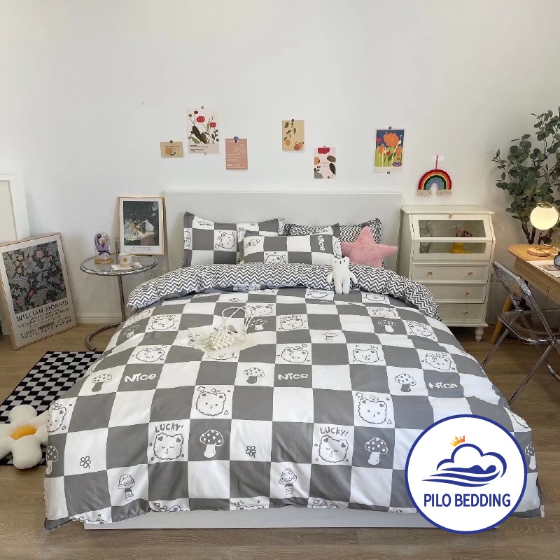 Bộ chăn ga gối Cotton Poly PILO BEDDING gồm vỏ chăn mền,drap ga giường và 2 vỏ gối nằm - PL Gấu ô vuông đen trắng