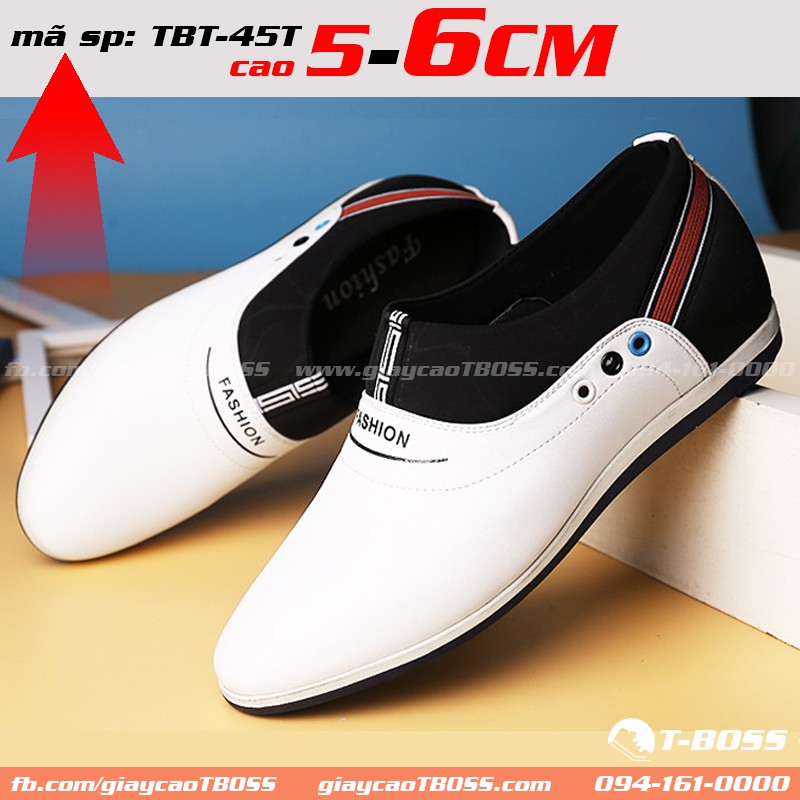 giày cao Thời Trang t-Boss độn đế 5cm - 6cm; TBT-45T - màu trắng; da bò cao cấp