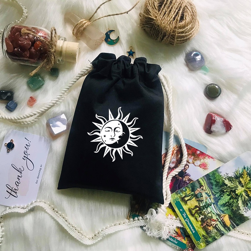 Túi đựng bài tarot, túi dây rút Sun&moon (tặng đá thanh tẩy)